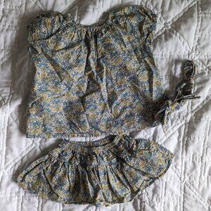 Seersucker Liberty-esque floral matching set - boxy top, skort, headband